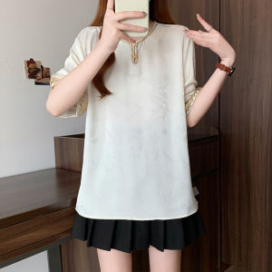 AIYITI | Traditional Chinese Style Acetate Satin Jacquard Shirt Womens Short Sleeve Plus Size
