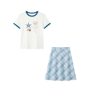 Youthful Summer Set White T-Shirt Light Blue Check Skirt