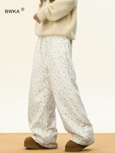 BWKA American Retro Floral Embroidered Thickened Cotton Wide Leg Pants Womens Straight Cut Floor-Length Trousers Winter Warm