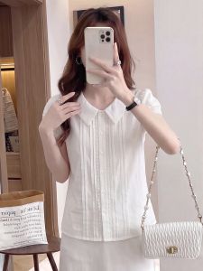 HUANJI | French Style White Collar Short Sleeve Blouse