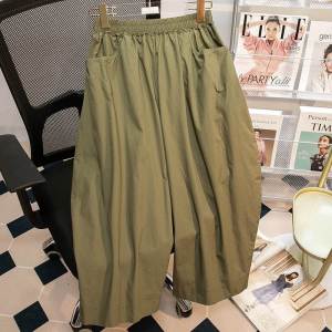 Quần Ống Rộng Cỡ Lớn Mùa Xuân Hè Mới Màu Xanh Quân Đội Cho Nữ Cạp Cao Thường Ngày Có Túi Quần Dài Chín Điểm