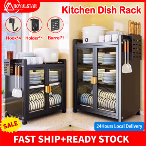 Royalstar 3 Tier Kitchen Dish Rack with Drainer Plate Organizer Storage Rack Cabinet Kitchen Countertop Storage Shelf with Double Door