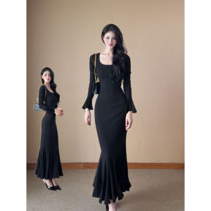 SUHUIQIAN | Black Slim-Fit Knit Fish-Tail Maxi Dress