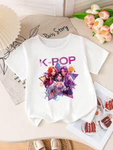 Kids Pure Cotton Round Neck T-shirt 2026 Summer Girls Top Harajuku Style Kpop Childrens Short-sleeved Cartoon Girls Clothing