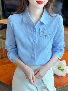 Pure Cotton Long Sleeve Womens Shirt Spring Autumn 2023 New Design Sensation Small Audience Embroidered Top Korean Style