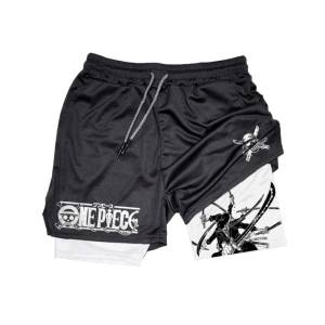 Bandai | Black One Piece Dual Layer Sports Shorts for Men Gym Workout Anime Design Quick Dry Material Loose Fit with Pockets