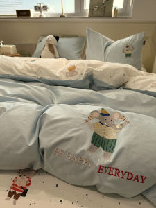 Spring Blue Polka Dot Elephant Cotton Bedding Set 4pcs Pure Cotton Cartoon Design Dormitory Bedding Sheet Cover Pillowcase