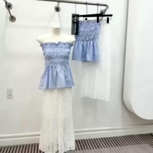 MK_ Set đồ nữ mặc hèbộ đồ nữ đi biển Lụa Sọc áo bo chun ôm kèm chân váy Ren hoa đuôi cá dáng dài 2 lớp