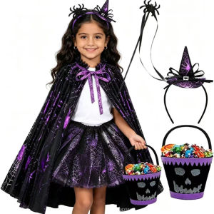 Toddler Witch Cosplay Bundle Black Purple Web Print Cloak Layered Tutu Skirt Mini Witch Headband Skull Treat Pail Holiday Outfit