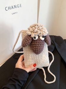 Hand Crocheted Small Lamb Phone Bag Ladies Cute Cartoon Mobile Phone Pouch Crossbody Bag with Yarn Material Vertical Shape