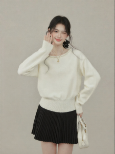 OUYANGXI | Áo Sweater Cổ Tròn Màu Đào Có Viền Ngọc Trai Cho Nữ Mùa Thu Đông