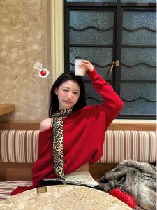 Red Loose Knitted Shoulder Bared Sweater Womens Lazy Style Long Sleeve Pure Color Commute Suitable for Ages 18-24 Spring Season