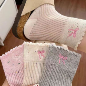 3คู่ JK ถุงเท้าข้อต่ำโบว์สำหรับผู้หญิงท่อกลางมีระบายระบายอากาศได้ยาวครึ่งน่องถุงเท้าฤดูใบไม้ผลิฤดูร้อนปักลายจุดโบว์