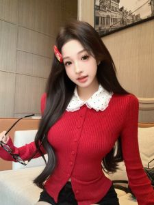 GUZILIAN | Retro Red Polka Dot Long Sleeve Knitted Cardigan Womens Winter Slim Fit Sweater Jacket Sweet Style Short Top