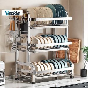 Veckle 2/3 Layers 304 Stainless Steel Dish Rack Dish Drying Rack Countertop Plate Storage Shelves Kitchen Rack Organizer