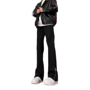 Black Side Zipper Casual Hiking Jeans Mens Spring Autumn Long Loose Fit Bootcut Trendy Cotton Polyester Blend Jeans