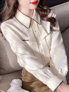 BaKooSen French Style Long Sleeve Shirt Womens Design Sensation Slimming Chiffon Top Autumn New Flip Collar Unique Fashion