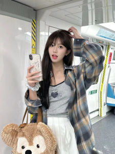 Retro American Color Block Plaid Womens Jacket Loose Long Sleeve Shirt Stylish Slimming Hong Kong Style Casual Fashion