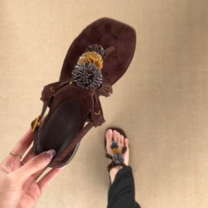 FANGXI | Retro Firework Fringe T-Strap Summer Block Heel Roman Sandals