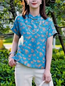 QINGNAER | Traditional Blue Floral Stand Collar Crossed Short Sleeve Womens Shirt Large Size