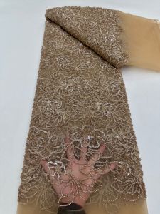 OLEVO | OLEVO 2026 African Heavy Beaded Lace Fabric High Quality 5 Yards Sequins French Tulle Bead Lace for Wedding Party Dresses AT3088