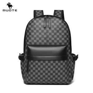 AUOTE Fashion Men’s Backpack Laptop Backpack Soft PU Backpack Business Travel Bag Waterproof Backpack Grid Pattern Design College Commuting Backpack Leisure School Bag For Travel Study Business