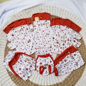 33pcs paket lahiran BAJU bayi dan bedong motiv polos dan karakter  seri merah bata fiantry