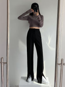 กางเกงขายาวทรงตรงเอวสูงสำหรับผู้หญิง กางเกงขายาวทรงหลวม ทรงสลิมฟิต ทรงบาง ทรงฤดูใบไม้ผลิและฤดูใบไม้ร่วง สีดำ ทรงสลิมฟิต