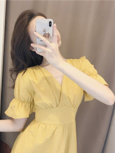 PAIBOLI | French Initial Yellow V-neck Dress Early Spring Summer Chic Gentle Bubble Sleeve Beachside Dresses For Women Vintage Style