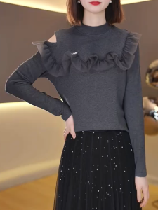 QINGNAER | Slimming Large Size Womens Wear Grey One-Shoulder Ruffled Long Sleeve