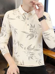 HENGYUANXIANG | Spring Autumn Pure Cotton Polo Shirt Men Casual Long Sleeve Turn-down Collar Bottoming Shirt Chinese Style Printed T-shirt