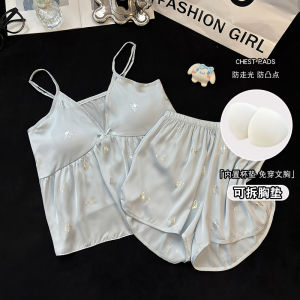 Áo Ngủ Lụa Băng Mỏng Mùa Hè Cho Nữ Áo Ngủ Hai Mảnh Có Đệm Ngực Quần Short Họa Tiết Bướm Áo Ngủ Gợi Cảm Phong Cách Bãi Biển