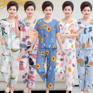 ชุดนอนผู้หญิงผ้าฝ้ายไหม ชุดนอนฤดูร้อน แขนสั้น กางเกงขายาว ผ้าฝ้ายเทียม ชุดนอนในบ้าน ขนาดใหญ่ เสื้อผ้าสำหรับกลางวัน