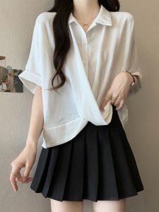 Baby Siyue Womens Loose-fitting Short-Sleeve Shirt Cross-Stitched Slimming Design Asymmetrical Work Clothing for Summer
