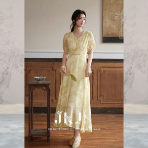 JK＆JS | Peach Colored Chiffon Dress Gentle New Chinese Style V-Neck Puff Sleeves A-Line Long Skirt
