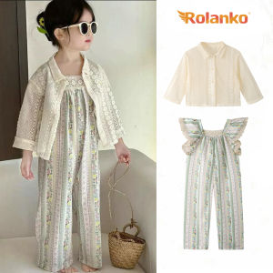 Rolanko Girls Jumpsuits Ruffle Sleeve Round Neck Wide Leg One Piece Rompers Kids Fashion Floral Beach Vacation Clothes 2-8Years