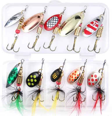 10 Piece Fishing Lure Spinner Bait with Feather Treble Hook Rooster Tail Fishing Lure Spoon Bait for Bass Salmon Trout Spinner
