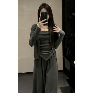 Ge·an·fei | Korean Style Autumn Gray Womens Long-sleeve Top and Wide-leg Pants 3-Piece Set