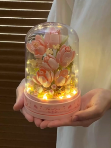 Carnation Tulip Rose Flowers Mini Building Blocks with Music Box Building Blocks DIY Toys Gift Girls