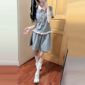 Y6Y | Gray College Style Short Sleeve Dress Womens Set Summer Fashion Mini Skirt Cute Pure Color Cotton Polyester Spandex Blend