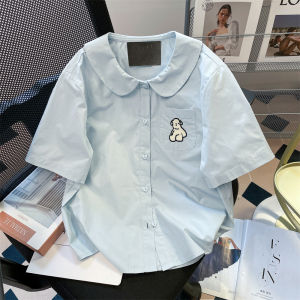 Preppy Style Puppy Embroider Peter Pan Collar Short Sleeve Shirt Womens Summer Cute Japanese Style Sweet Small Short Tops