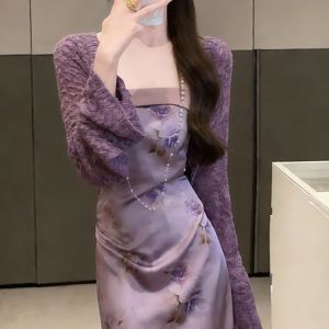 QFN | Elegant and Senior Sense Womens Knitted Cardigan and Strap Dress Set