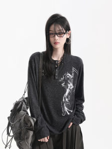 zuocisankon | Áo Thun Tay Dài Cổ Henley Phong Cách Thư thái cho Nữ