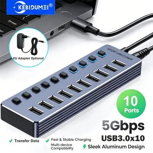 Kebidumei | KEBIDUMEI 10 Port USB 3.0 Hub with Independent On/Off Switches 5Gbps High Speed Type-C Splitter USB Docking Station for Laptop