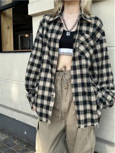 American Retro Destroyed Hem Gingham Shirt Men and Women Spring & Fall Contrast Color Embroider Lettered Casual Handsome Long Sleeves Shirt