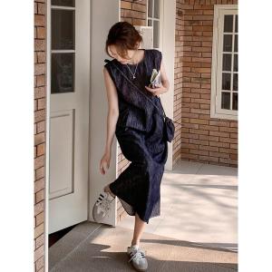 Chic Summer Slimming round Neck Sleeveless Vest Dress Womens Beautiful Waist-Cinching High Waist Denim Long Skirt Dress