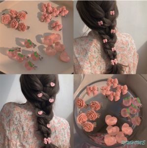 5pcs  Korean Version Pink Soft Girl Cute Series Peach Hairpin Sweet Style Camellia Side Clip Bow Head Accessory Hairpin Hair Accessory
