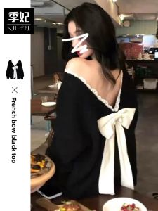 Ge·an·fei | Black Bow Tie V-Neck Open Back Knit Sweater Casual Loose