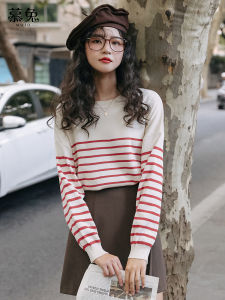 Loose Long Sleeve Womens Knitted Sweater Red Stripe Korean Style Comfortable Neckline Casual Fashion Fall New Arrival