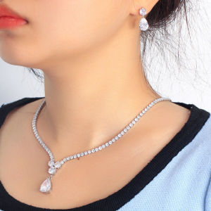 Sequito tính khí trang sức nữ mạ vàng Pave thiết lập shinning AAA đá Cubic Zirconia Bông tai hình giọt nước Bộ vòng cổ cho đám cưới sj394